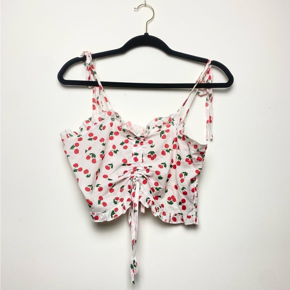 Cherry Print Ruffle Trim Drawstring Ruched Cami Top - Picture 2 of 3